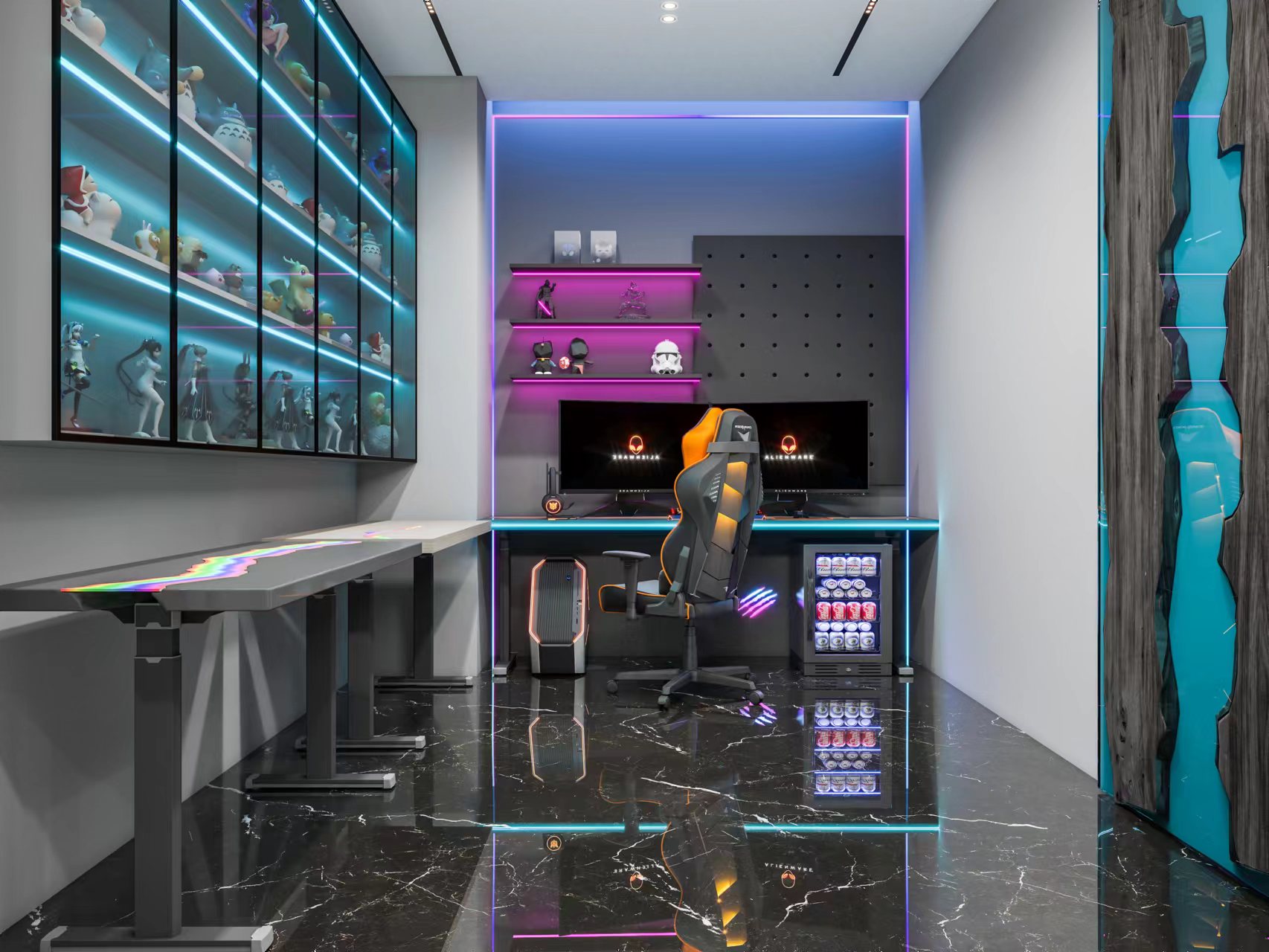 Custom live edge epoxy office desk in a modern workspace with LED lighting and handcrafted solid wood furniture.