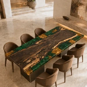 Custom Dining Table crafted from and Green & Gold epoxy resin SKU A008