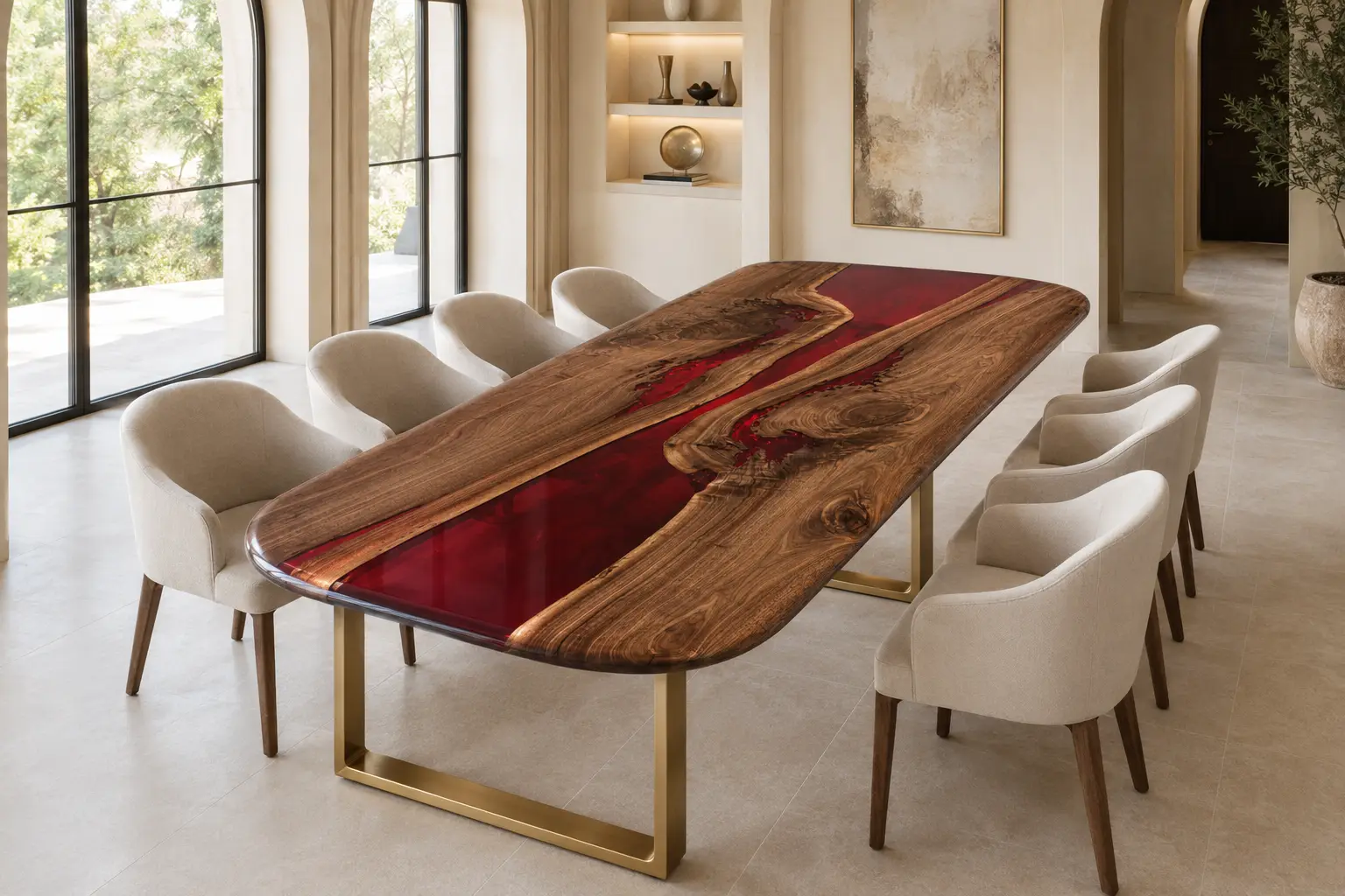 Luxury Dining Table crafted from and Ruby Red epoxy resin SKU A013