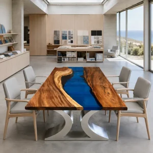 Handcrafted Dining Table with and Blue epoxy resin SKU B003