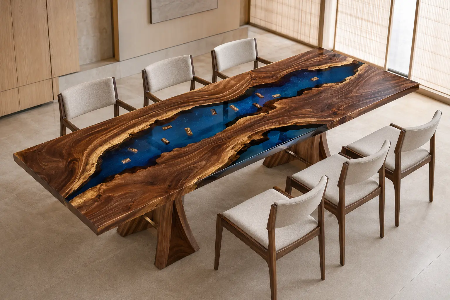 Handcrafted Dining Table with and Blue epoxy resin SKU B009
