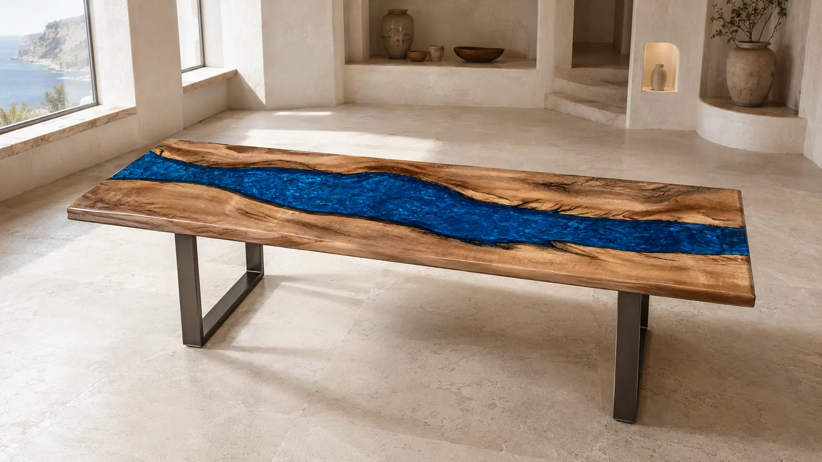Custom Dining Table crafted from and Blue epoxy resin SKU B017