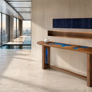 Custom Black Walnut Live Edge Epoxy Console Tables with Blue Epoxy BCS004