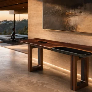 Custom Black Walnut Live Edge Epoxy Console Tables with Black Epoxy BCS013
