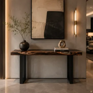 Custom Black Walnut Live Edge Epoxy Console Tables with Black Epoxy BCS016