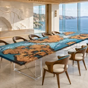 Custom Burl Wood Ocean Blue Ocean and Beach Conference Tables BCT002