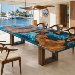 Custom Burl Wood Ocean Blue Ocean and Beach Conference Tables BCT006