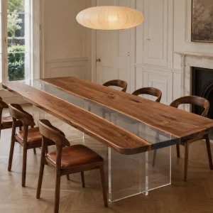 Custom Black Walnut Crystal Clear Live Edge Dining Table BDT013