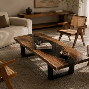 Custom Black Walnut River Epoxy Coffee Tables with Black Epoxy BECT001