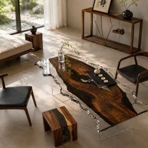Custom Black Walnut Live Edge Epoxy Coffee Tables with Crystal Clear Epoxy BECT003