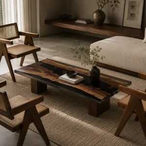 Custom Black Walnut River Epoxy Coffee Tables with Black Epoxy BECT006