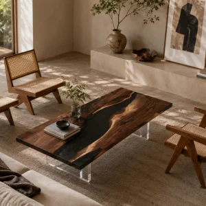 Custom Black Walnut River Epoxy Coffee Tables with Black Epoxy BECT010