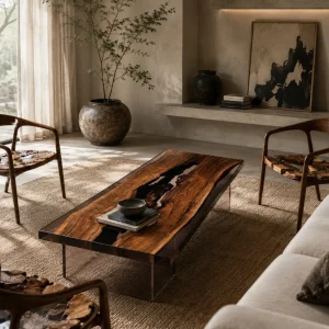 Custom Black Walnut River Epoxy Coffee Tables with Grey Epoxy BECT011