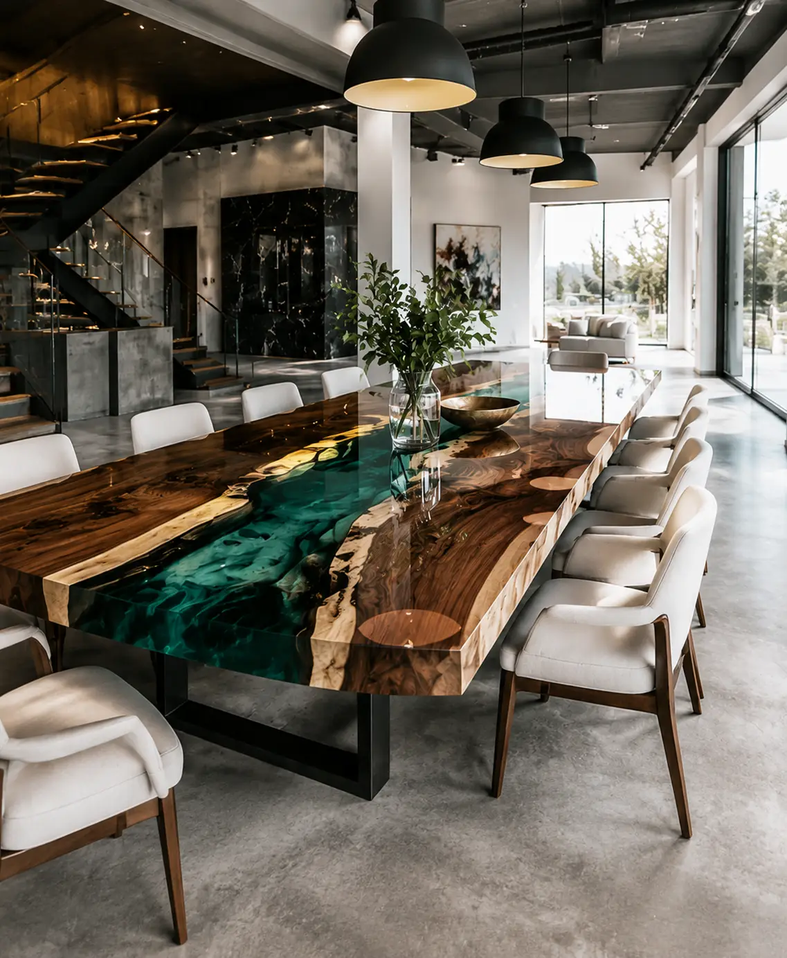 Custom epoxy dining table installed in a luxury villa interior