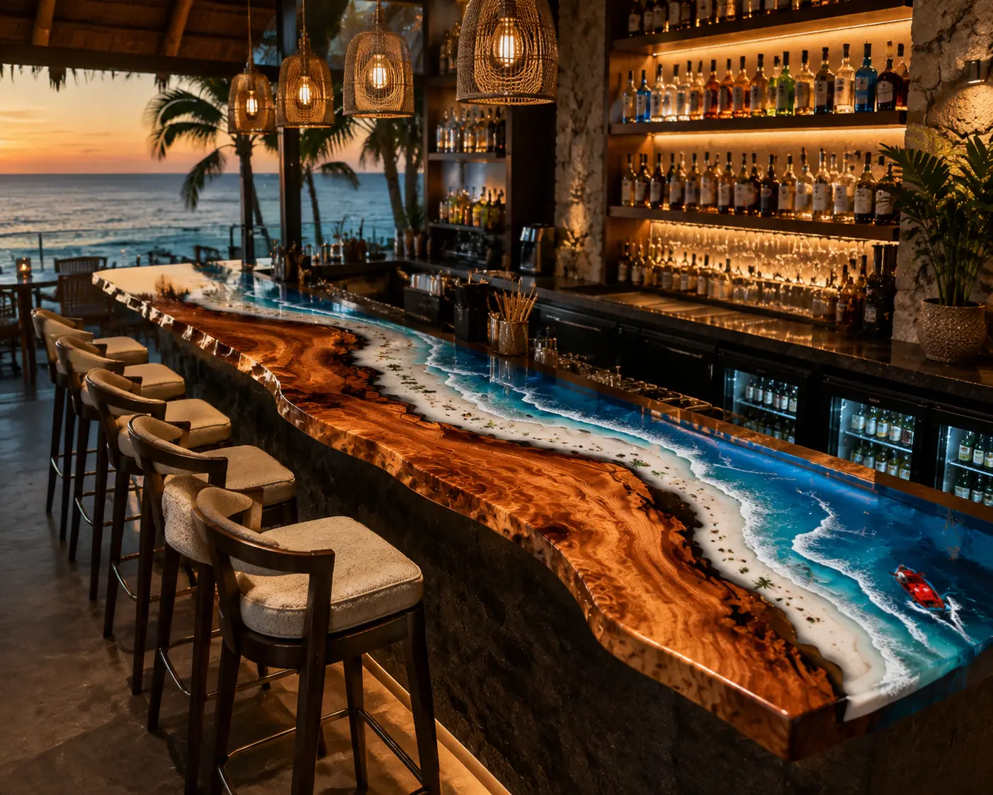 Custom Live Edge Bar Top with Blue epoxy