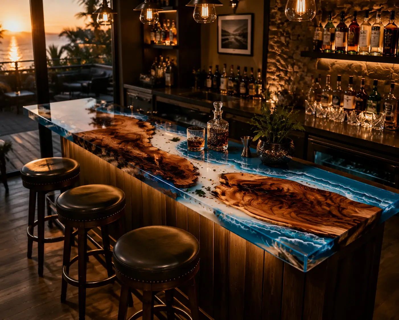 Custom Live Edge Bar Top with Blue epoxy