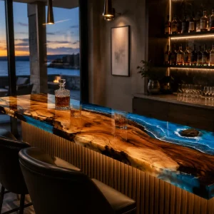 Custom Live Edge Bar Top with Blue epoxy