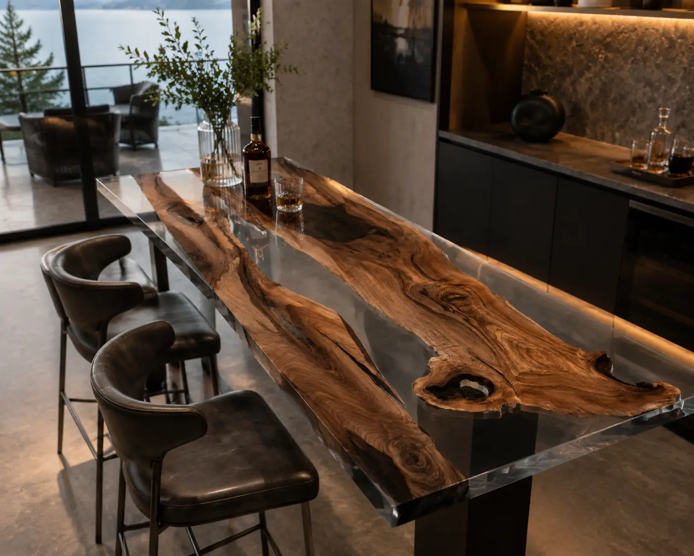 Custom Live Edge Bar Top with Crystal Clear epoxy