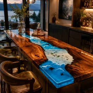Custom Live Edge Bar Top with Blue epoxy