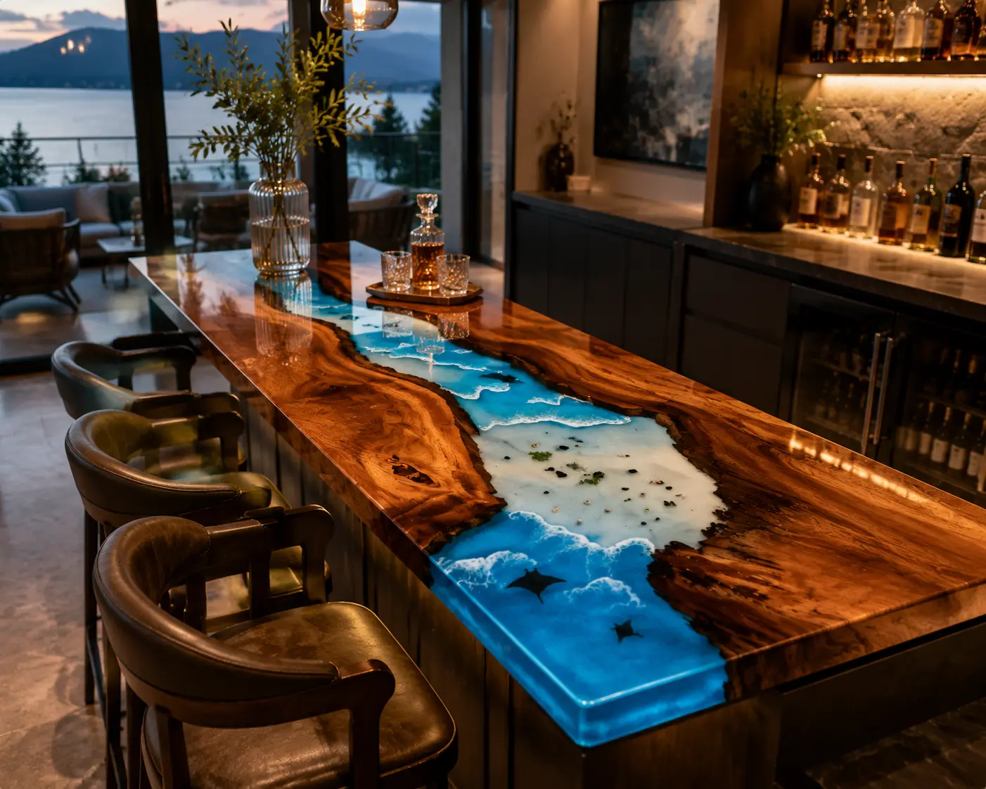 Custom Live Edge Bar Top with Blue epoxy