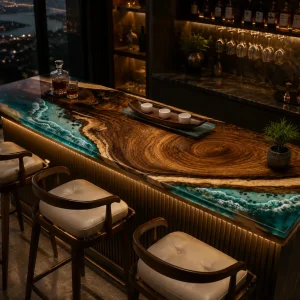 Custom Live Edge Bar Top with Blue epoxy