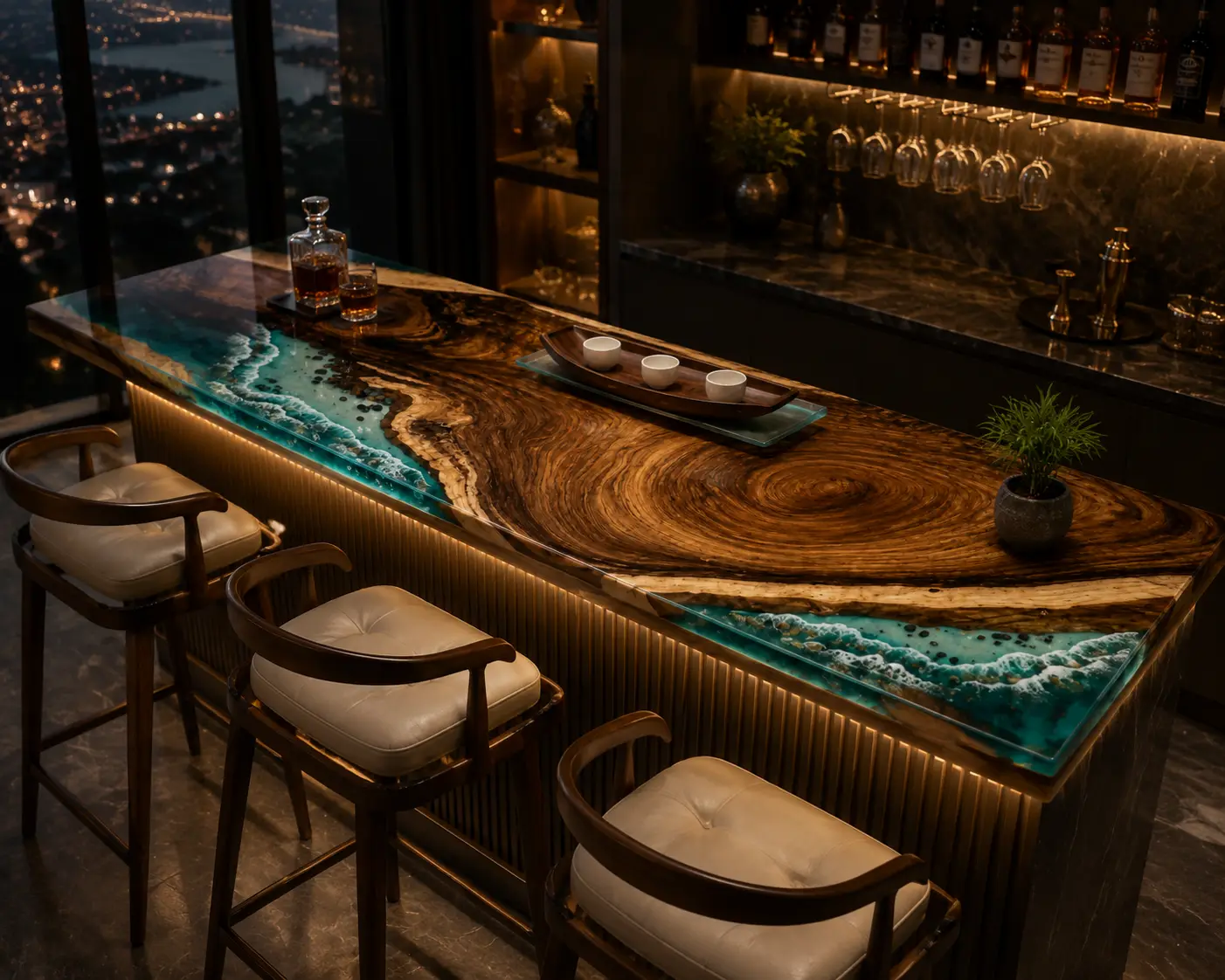Custom Live Edge Bar Top with Blue epoxy