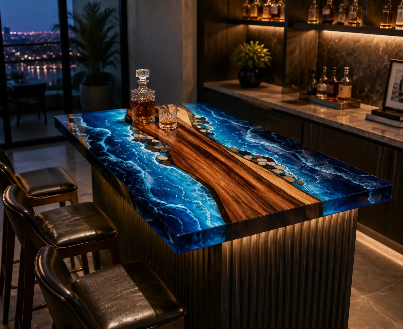 Custom Live Edge Bar Top with Blue epoxy