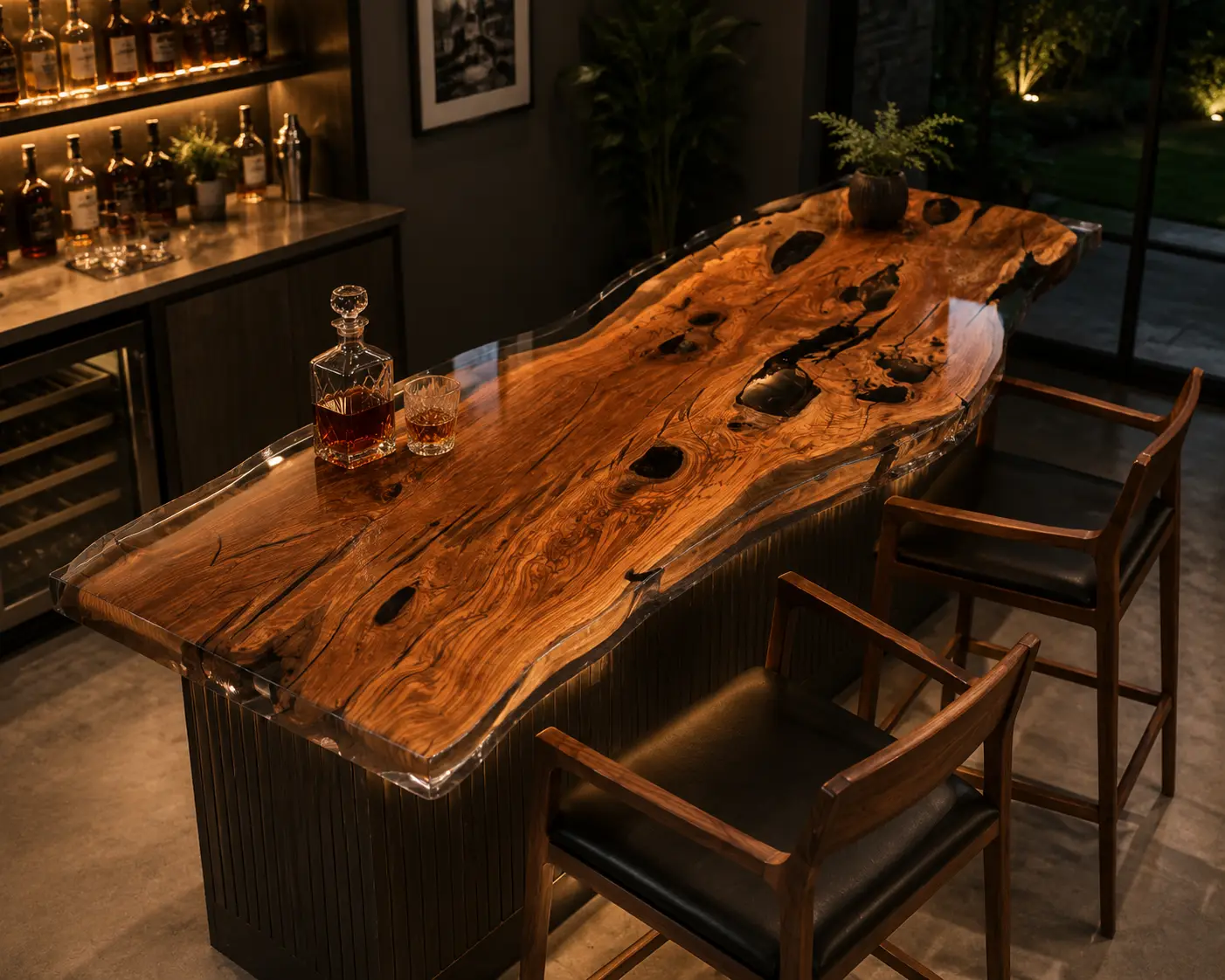 Custom Live Edge Bar Top with Crystal Clear epoxy