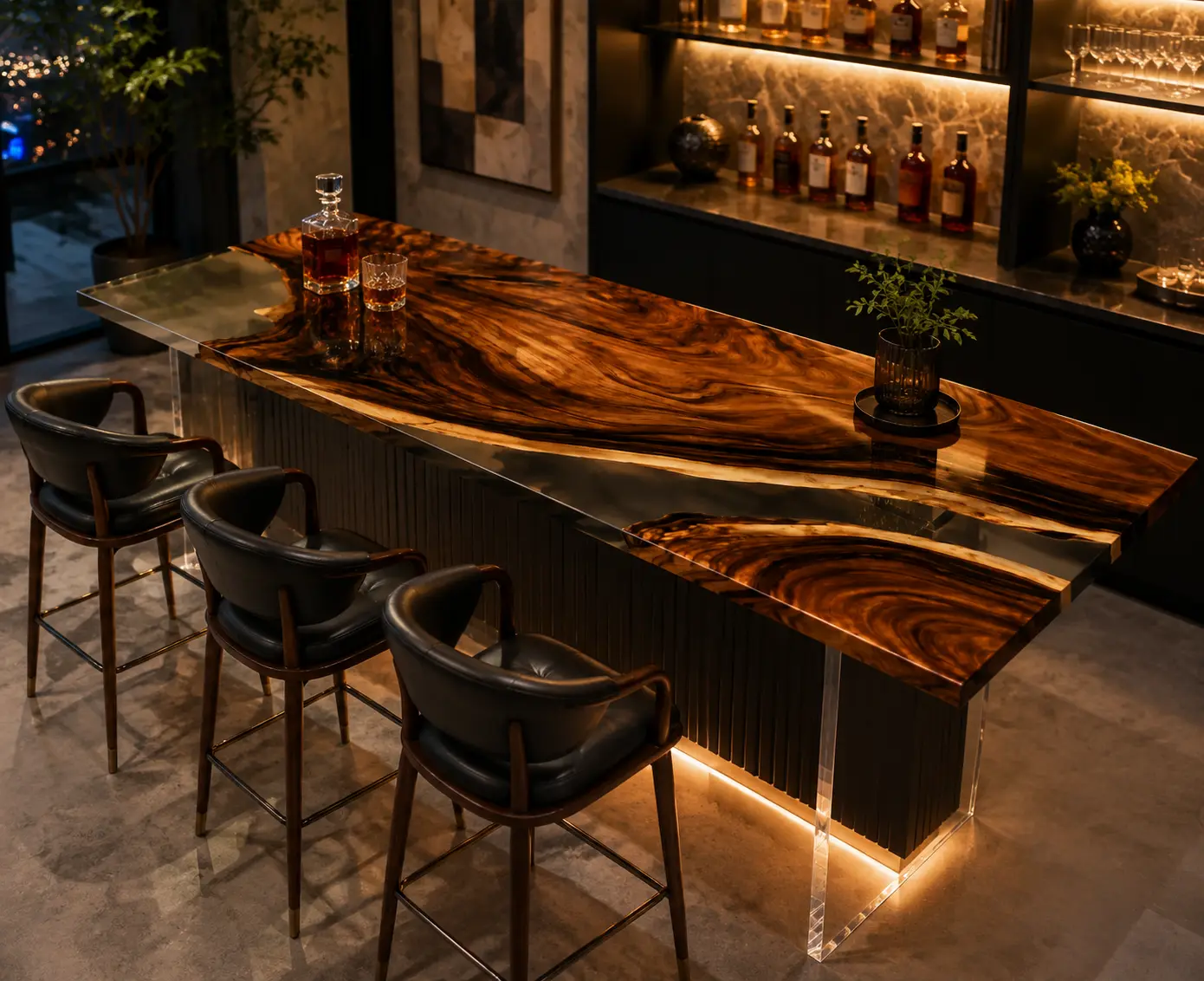 Custom Live Edge Bar Top with Crystal Clear epoxy