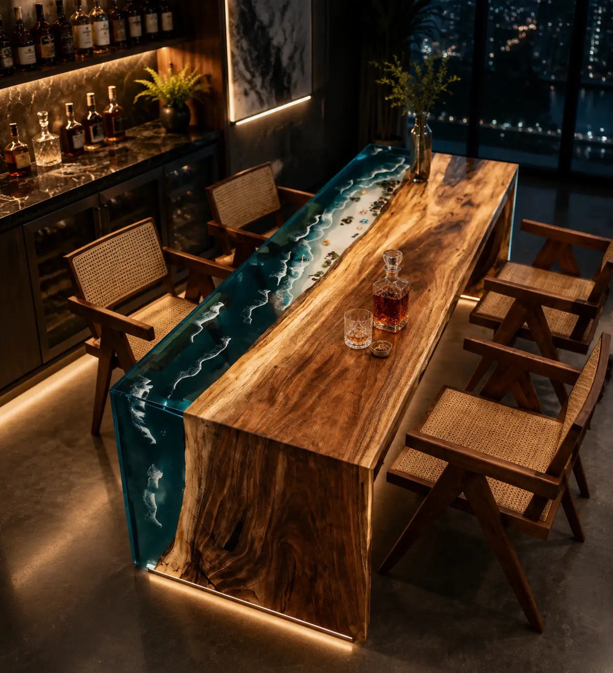 Custom Live Edge Bar Top with Blue epoxy