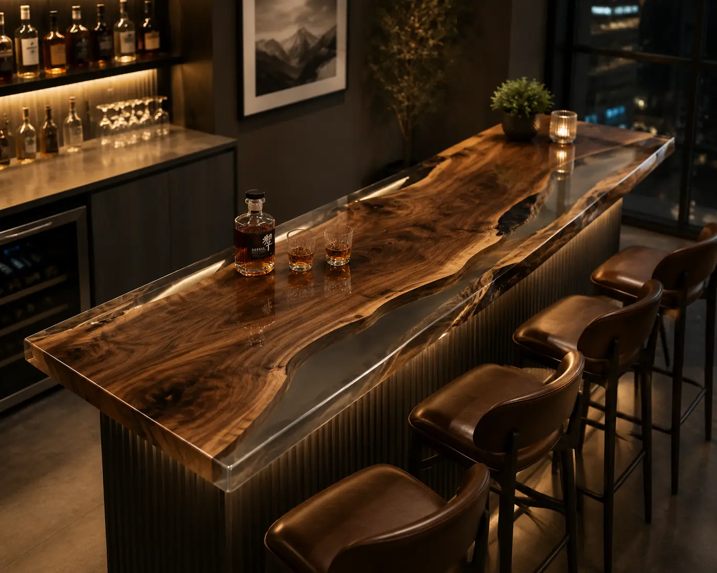 Custom Live Edge Bar Top with Crystal Clear epoxy