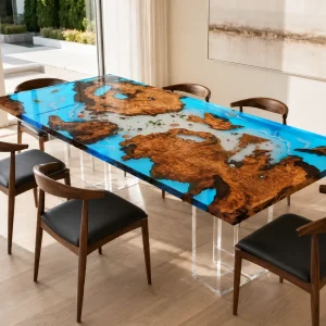 Custom Burl Wood Ocean Blue Ocean & Beach Dining Table BTD002