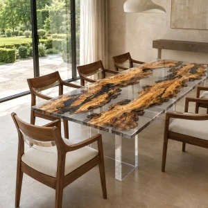 Custom Burl Wood Crystal Clear Organic Live Edge Dining Table BTD003