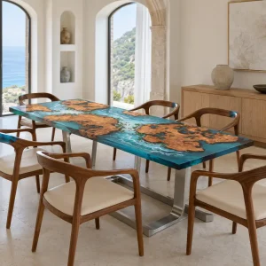Custom Burl Wood Ocean Blue Ocean & Beach Dining Table BTD005