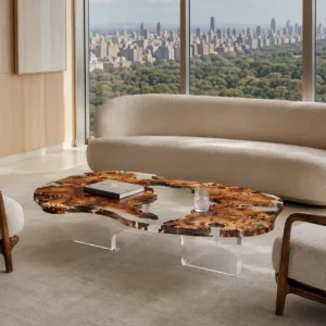 Custom Burl Wood Live Edge Epoxy Coffee Tables with Crystal Clear Epoxy BWCT001