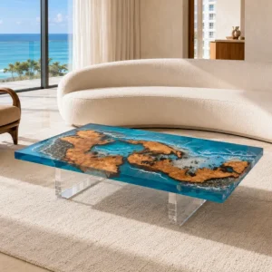 Custom Burl Wood Ocean & Beach Epoxy Coffee Tables with Ocean Blue Epoxy BWCT002
