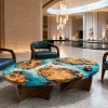 Custom Burl Wood Ocean & Beach Epoxy Coffee Tables with Ocean Blue Epoxy BWCT010