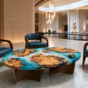 Custom Burl Wood Ocean & Beach Epoxy Coffee Tables with Ocean Blue Epoxy BWCT010