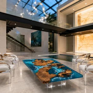 Custom Burl Wood Ocean & Beach Epoxy Coffee Tables with Ocean Blue Epoxy BWCT011