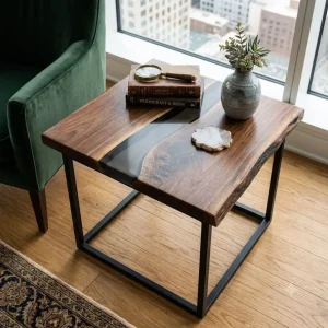 Custom Black Walnut River Epoxy End Tables with Grey Epoxy BWE005