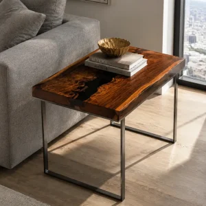 Custom Black Walnut River Epoxy End Tables with Black Epoxy BWE009