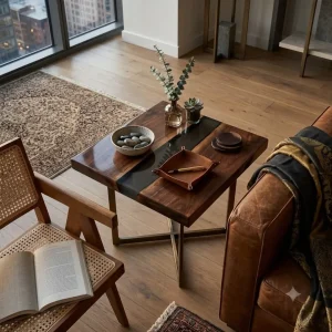 Custom Black Walnut River Epoxy End Tables with Black Epoxy BWE011