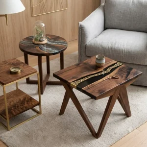Custom Black Walnut River Epoxy End Tables with Black Epoxy BWE012