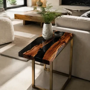 Custom Black Walnut River Epoxy End Tables with Black Epoxy BWE015