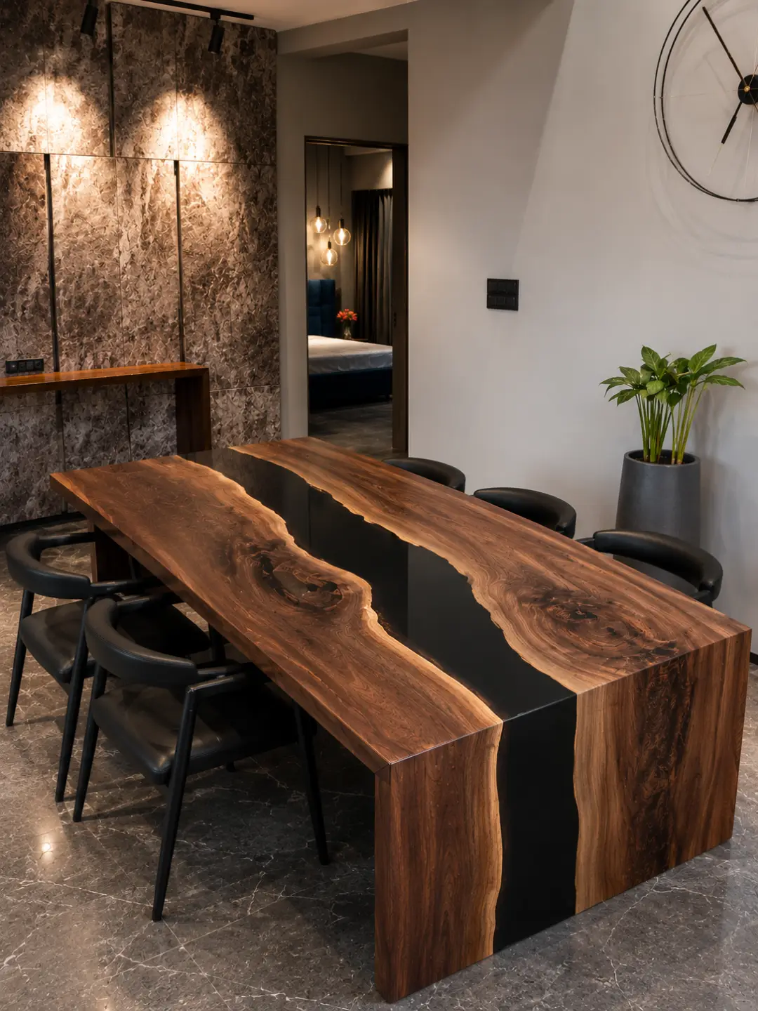 Custom Black Walnut Waterfall River Table with Black Epoxy BWF001
