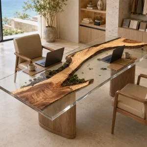 Handcrafted Office Table with and Crystal Clear epoxy resin SKU CC005
