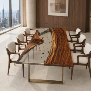 Bespoke Stone and Shell Conference Table featuring Crystal Clear epoxy resin product CC012