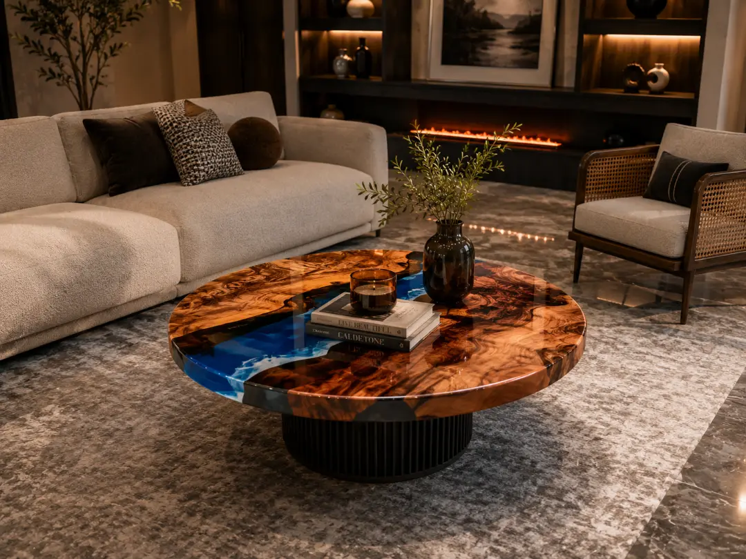 Custom Ocean & Beach Round Coffee Table​ with Ocean Blue Epoxy CRT006