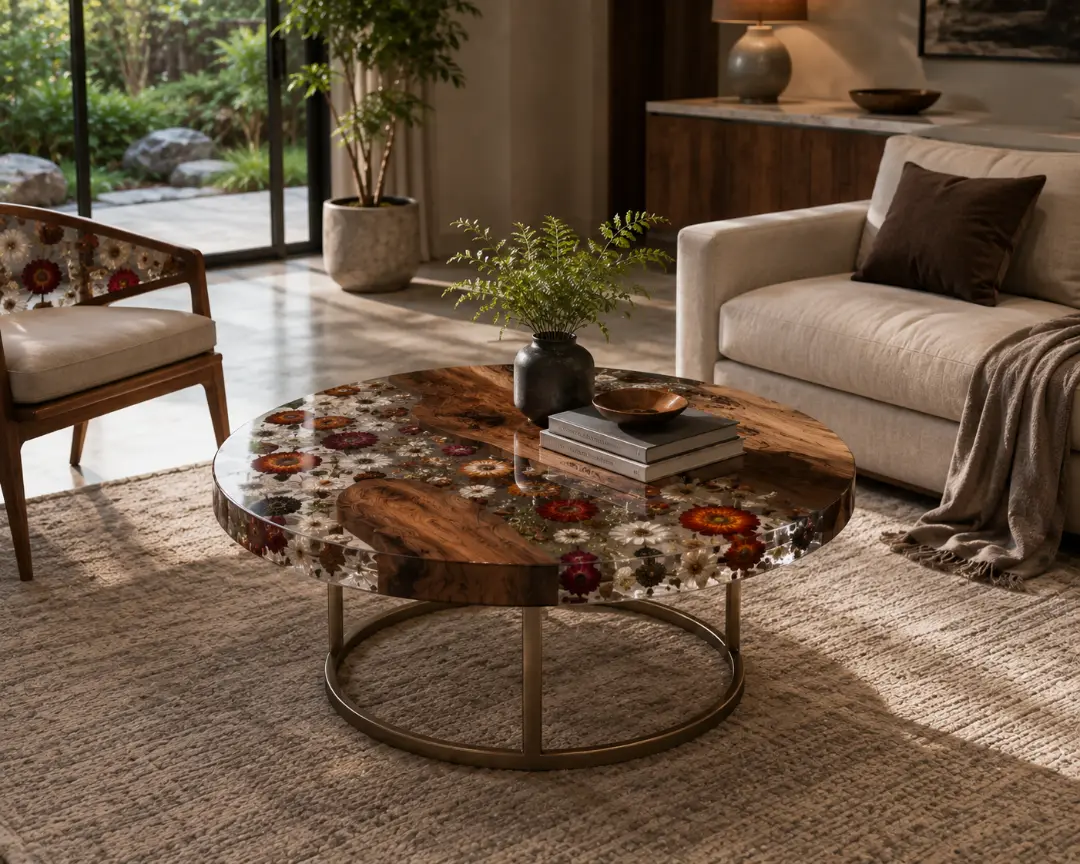 Custom Epoxy Flower Round Coffee Table​ with Flower Epoxy CRT013