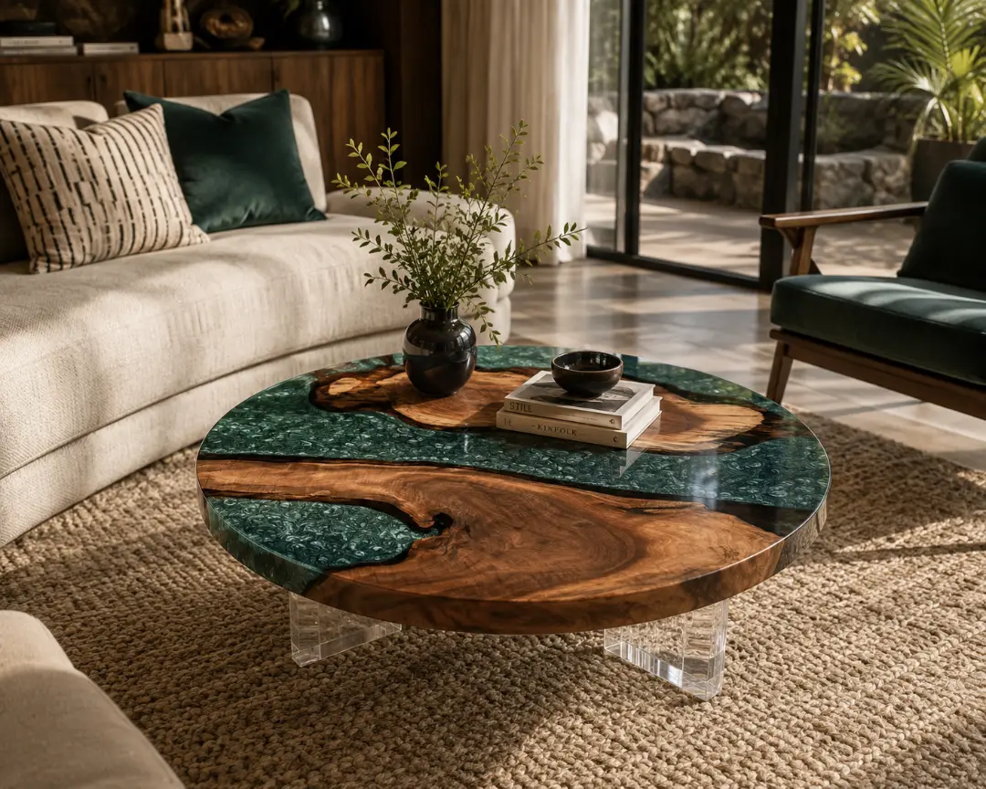 Custom Live Edge Round Coffee Table​ with Ocean Blue Epoxy CRT015